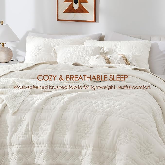 WDCOZY Boho Ivory Quilt King Size Bedding Sets with 2 Pillow Shams, Cream White Farmhouse Lightweight Soft Bedspread Coverlet for All Season, 3 Pieces, 104x90 inches