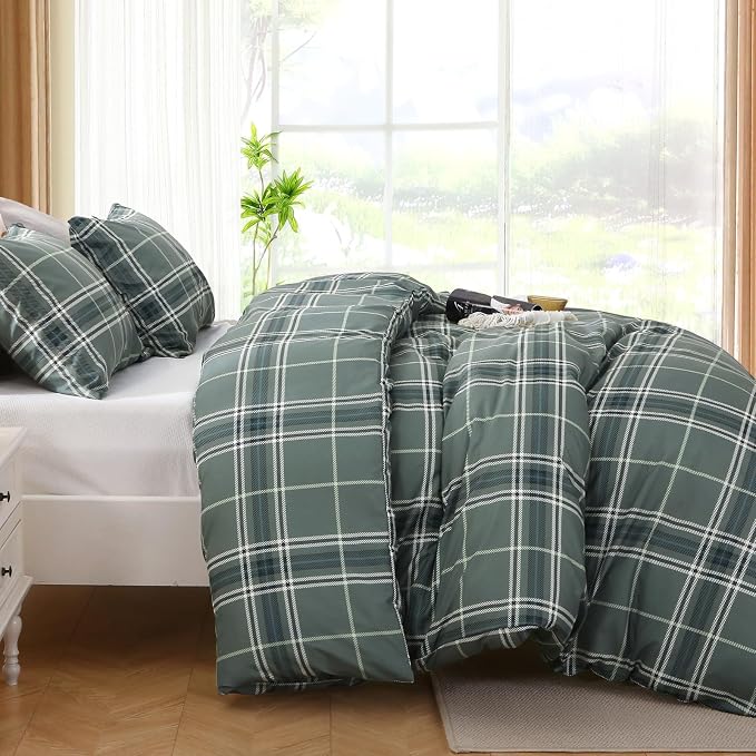 MUXHOMO Duvet Cover Queen Size, Reversible Floral Grey Plaid Duvet Cover Set with Zipper Closure, 3 Pieces Botanical Patterns Soft Microfiber Bedding Set with 4 Ties (90"x90", 2 Pillow Cases)