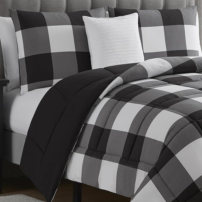 7 Piece Comforter Set Bag Solid Color All Season Soft Down Alternative Blanket & Luxurious Microfiber Bed Sheets, Queen, Buffalo Plaid Black/White