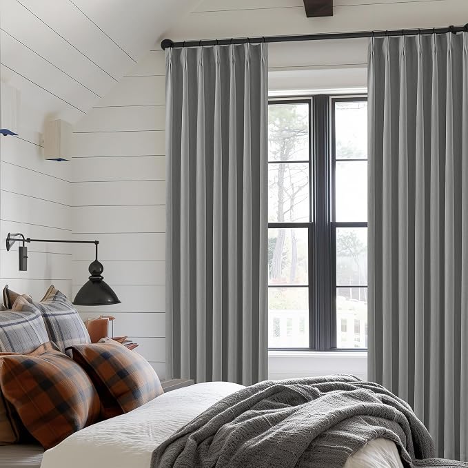 Grey Pinch Pleated 100% Blackout Linen 80 Inch Window Curtains 2 Panels Set | Black Out UV Blocking Thermal Insulated, for Living Room Bedroom, Back Tab Pinch Pleat with Hooks Rings, W40xL80, Dark Gray
