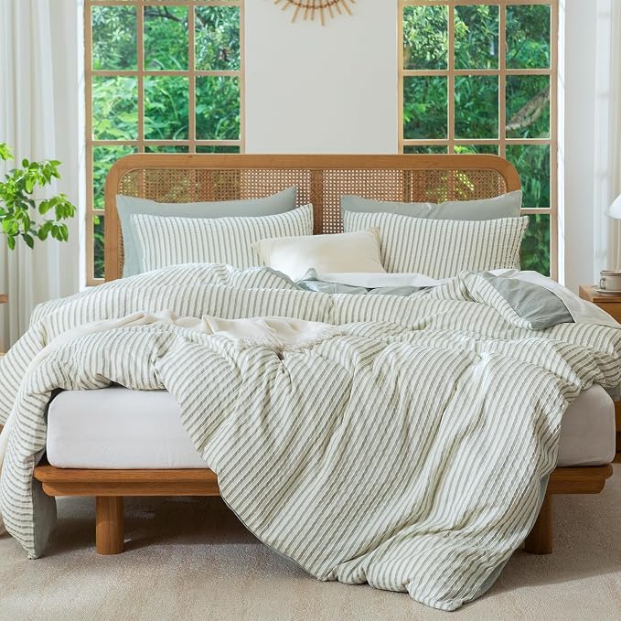 King Size Comforter Set Striped Soft Luxury Washed Microfiber Jacquard 3 Pieces Bedding, Sage Green Vertical Ticking Stripes Pattern Comforter with 2 Pillowcases Breathable Durable Comfy