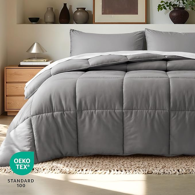 Bare Home Comforter Set - 1800 Ultra Soft (Oversized Queen, Grey) | All-Season, Breathable, Hypoallergenic, Premium 1800, Warm, Cozy