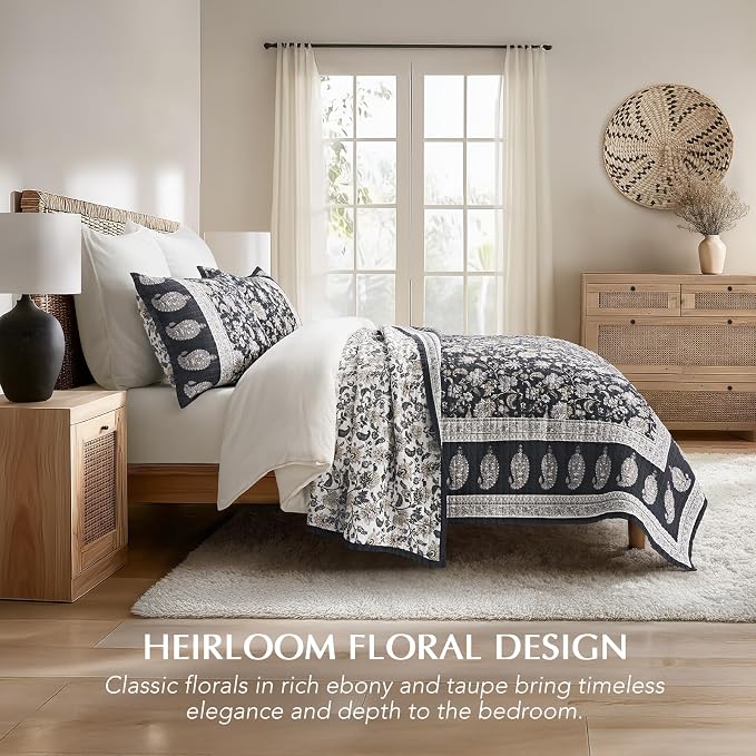 EverGrace 100% Cotton Floral Quilt Set, King Size, Dark Charcoal 108"×96" | Reversible Lightweight Bedspread Coverlet, Vintage Floral Farmhouse Bedding, Traditional Botanical Quilt with 2 Pillow Shams