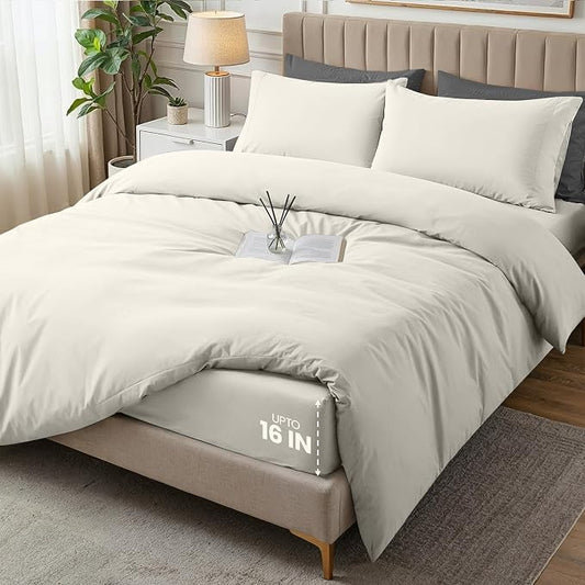Utopia Bedding Duvet Cover Queen with Fitted Sheet (60x80) - 2 Pillow Case Standard - All Season Luxury Bed in a Bag with Zippered Duvet Cover - No Comforter (Ivory)