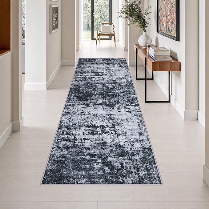 3x8 Washable Runner Rug：Modern Abstract Kitchen Carpet Black | For Hallway, Bedroom, Kitchen, Laundry, Bathroom,Door Mat,Modern Abstract,Machine washable,Non-Slip,Stain Resistant,Indoor