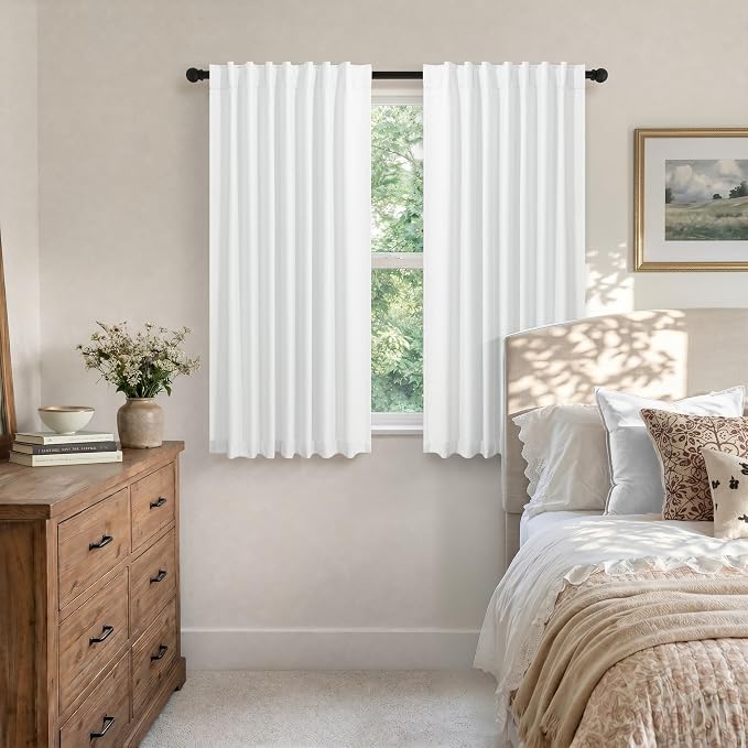 Small Blackout Curtains 45 Inches Long 2 Panels Short Linen Look Heat Blocking Drapes 46 Inch Window Decor for Kitchen Bedroom Bathroom Thermal Insulated White Black Out Curtains 52x45 Length Back Tab