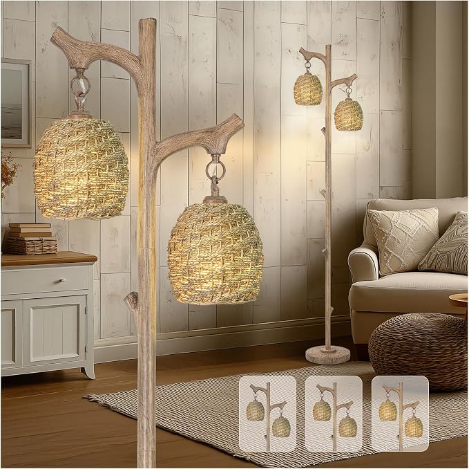 Scenekoy Vintage 68” Tall Resin Floor Lamp with Straw Rope Woven Shade | Tree Trunk Finish Retro Standing Lamp, Dimmable Brightness, Corner Stand Up Lamp with Bulb for Living Room Bedroom Home Decor