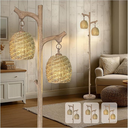 Scenekoy Vintage 68” Tall Resin Floor Lamp with Straw Rope Woven Shade | Tree Trunk Finish Retro Standing Lamp, Dimmable Brightness, Corner Stand Up Lamp with Bulb for Living Room Bedroom Home Decor