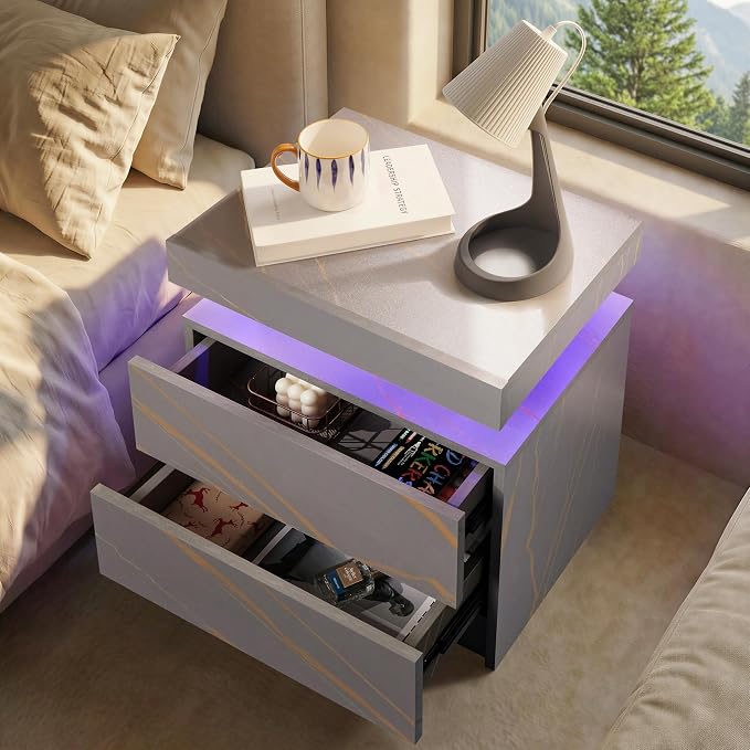 i-aplus Gray Modern LED Nightstand Set of 2 with 2 Wood Drawer for Bedroom | Nightstands with App-Controlled RGB LED Lights, Night Stand with Storgae Drawer, Modern Bedside Table for Bedroom