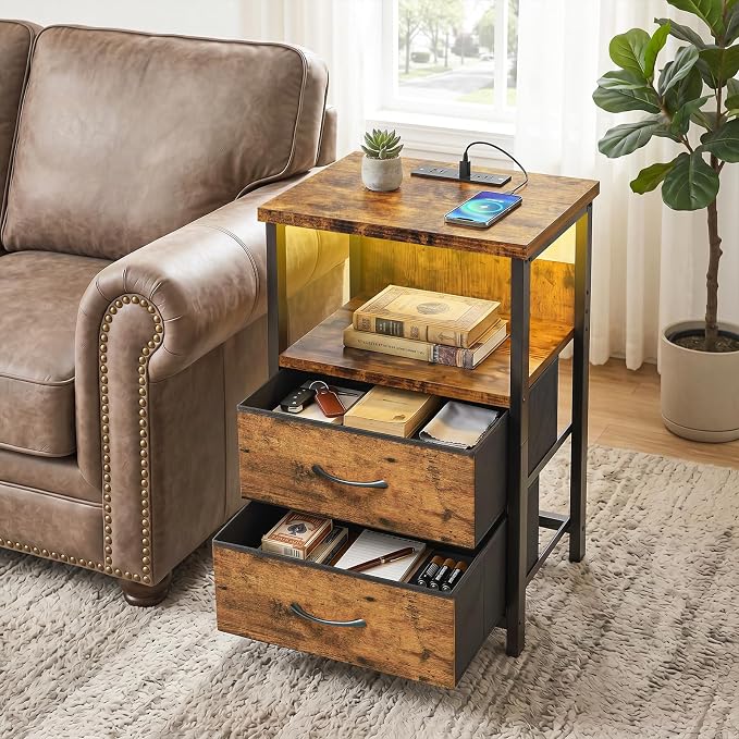 Fixwal Night Stand with Charging Station, Led Nightstand, 2 Fabric Drawers | rustic brown, built-in bedside charger, 2 AC outlets & 2 USB ports, open top shelf, small bedroom furniture, end table