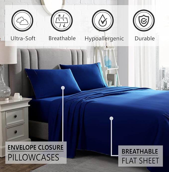 American Home Collection Full Size Sheet Set - Ultra-Soft Microfiber 15-Inch Deep Pocket - Wrinkle Free and Fade Resistant (Navy)