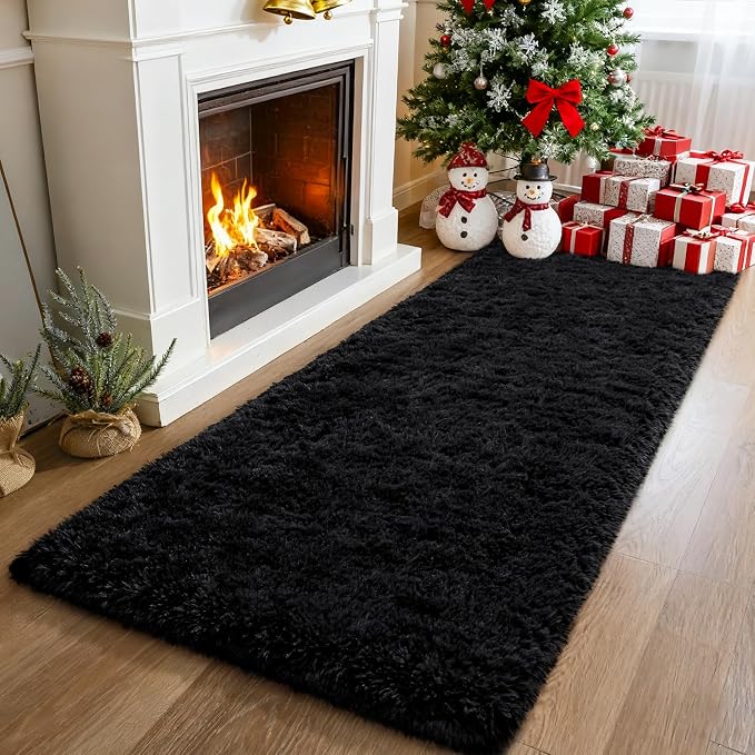 Soft Fluffy Rugs for Bedroom Living Room, 2x6 Hallway Runner Rugs, Furry Shag Bedside Area Rug Indoor Accent Floor Carpet, Plush Fuzzy Rug for Dorm Nursery Kids Room Decor, Black