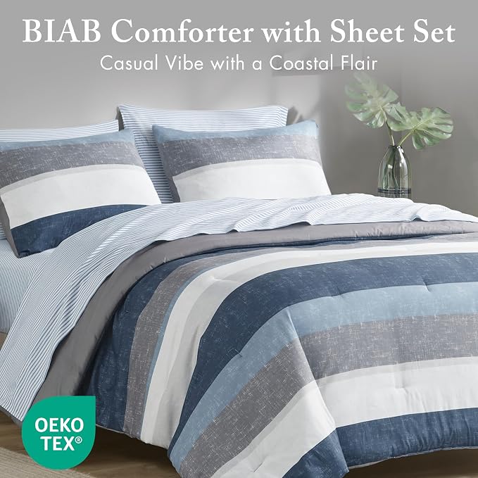 Madison Park Essentials Jaxon Bed in a Bag Comforter Set with Sheet, Printed Stripe Design, Modern All Season Bedding and Matching Sham, California King Blue/Grey 7 Piece