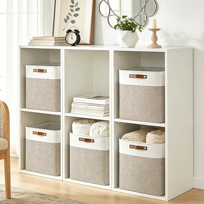 Large Fabric Storage Baskets | 50L Storage Bins, Decorative Linen Closet Baskets with Handles for Organizing, Shelf, Toys, Clothes, Home, Office, Nursery, 17x12x15Inches (Beige&White)