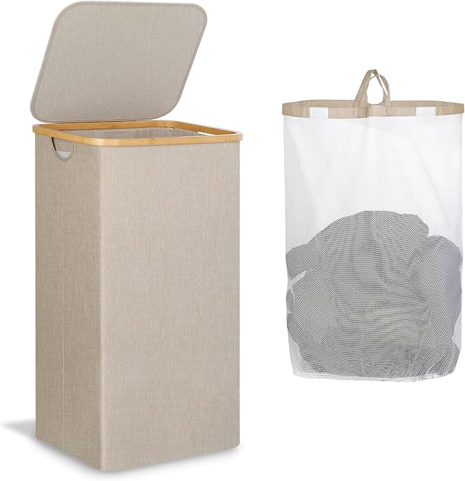 IEGrow Laundry Hamper with Lid,110L Laundry Basket with Mesh Bags,Oatmeal | Dirty Clothes Hamper Basket with Bamboo Handle for Clothes Towels