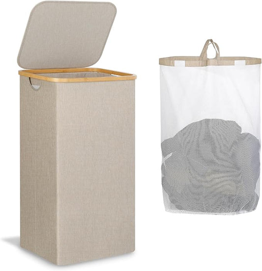 IEGrow Laundry Hamper with Lid,110L Laundry Basket with Mesh Bags,Oatmeal | Dirty Clothes Hamper Basket with Bamboo Handle for Clothes Towels