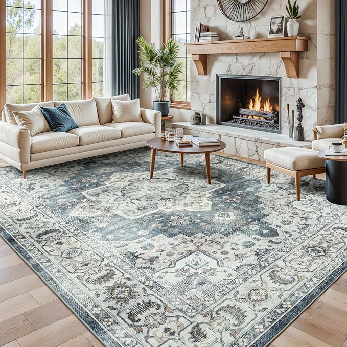 9x12 Area Rug for Living Room,Large Washable Carpet Blue Grey/Beige | Soft Non Slip Backing, Durable Stain Resistant,Compatible with All Vacuums,Kid & Pet Friendly ,for Dining Room Home Office