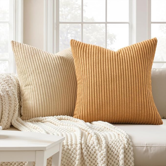 Topfinel 20x20 Inch Pillow Covers Set of 4 Rustic Modern Soft Corduroy Striped Decorative Cushion Cover Yellow Brown Gradient Farmhouse Pillow Case for Sofa Couch Living Room Bedroom