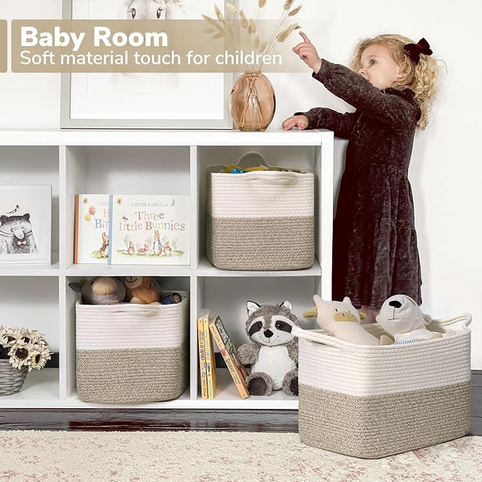 Goodpick Woven Storage Basket for Shelves, 13" x 10" x 9", Light Brown | Stylish Gift Basket for Home Decor, Cotton Rope Baskets for Books & Towels Storage, Nursery & Bedroom Closet Organization