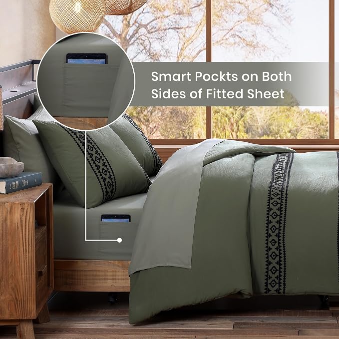 MaiRêve Embroidery Queen Comforter Set 7 Pieces Olive Green Bed in a Bag | Western Boho Farmhouse Bedding Sets with Comforter, Sheets, Pillowcases & Shams