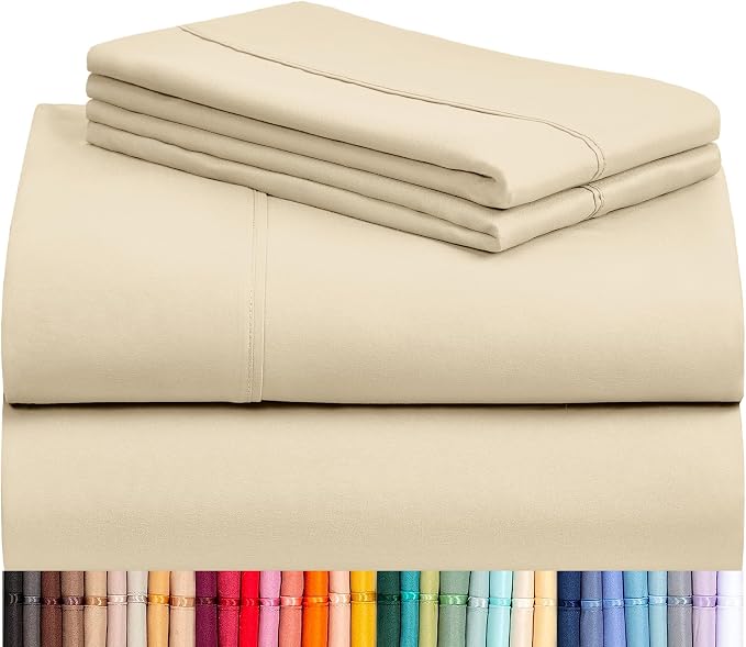LuxClub California King Sheets Sets, Deep Pocket Cal King Sheet Bed Sheets 4PC, Cooling Sheet Cal King Size Breathable, Soft Hotel Luxury Bedding, Silky Fitted Sheet & Pillowcase Sets, Cream | LuxClub Silky Fitted Sheet & Pillowcase Sets, Breathable Ho...
