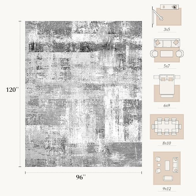 Rugflix 8x10 Area Rugs for Living Room, Washable Grey Large Rug | Machine Washable; Stain-Resistant; Low Pile; Non-Slip; Modern Abstract; Black Carpet for Bedroom Dining Office Nursery Home