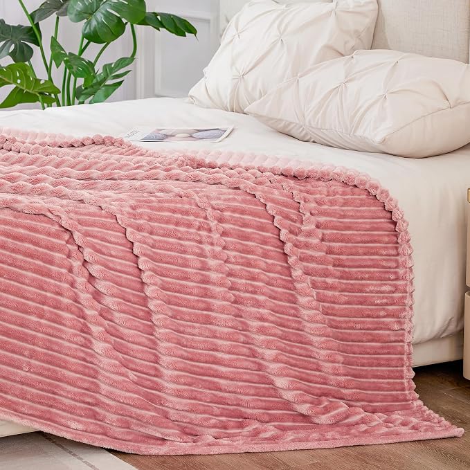 BEDELITE 3D Ribbed Jacquard Pink King Size Blankets for Bed, 108x90 Inch | Soft Warm Decorative Fluffy Blanket, Cozy Fuzzy Lightweight Plush Fleece Throw Blankets for Bed, Room Decor, Gift for Women