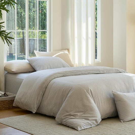 DOZ Duvet Cover Set, 100% Viscose derived from Bamboo, Organically Grown, Buttery Soft, Cooling Duvet Covers, High GSM, 1 Duvet Cover and 2 Pillowcases, 90"x90" (Stripe, Full/Queen)