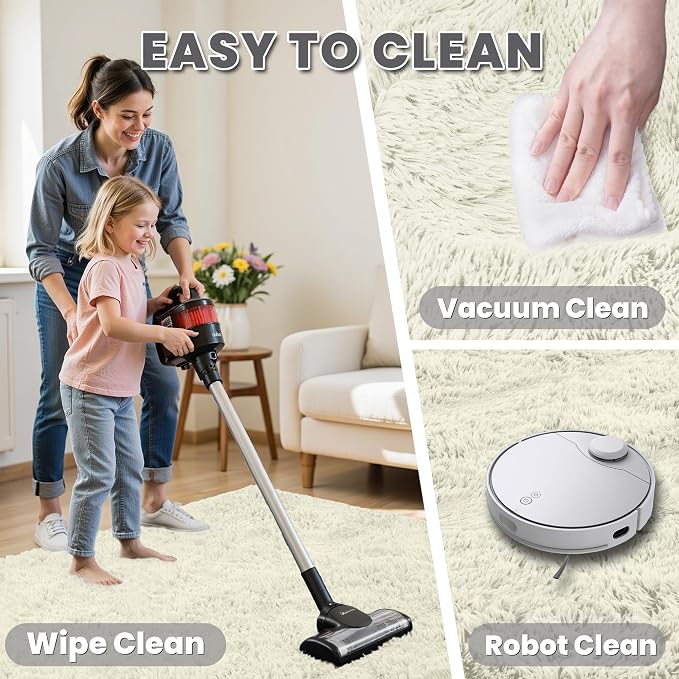 8x10 Fluffy Shag Area Rugs for Living Room Bedroom: Soft Carpet Cream White | Upgraded Non-Slip Thick Memory Foam, Ultra Soft, Non-Shedding Fuzzy Carpet, Easy Clean Decor for Kids Room, Nursery, Playroom