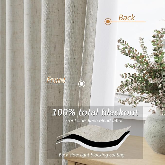 Extra Long 100% Blackout Linen Curtains for Bedroom 102 inches Long, Thermal Insulated Room Darkening Black Out Drapes for Living Room, Back Tab Rod Pocket 2 Panels Set,Eggshell Beige,52x102