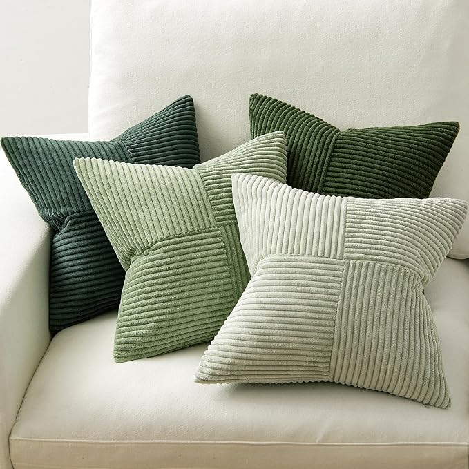 MIULEE Spring Green Decorative Throw Pillow Covers 18x18 Inch Set of 4 Boho Farmhouse Cushion Covers Mordern Nordic Pillow Cases Soft Corduroy Gradient Home Decor for Couch Sofa Living Room Bed