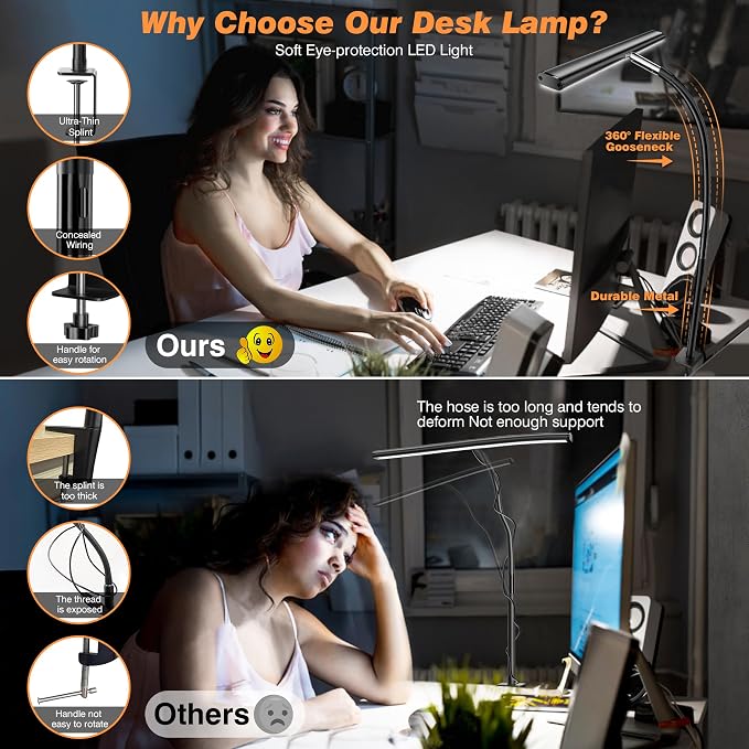 Airlonv LED Desk Lamp with Clamp, 17" Stepless Dimming Light, Black | 2700K-6500K, 100 LEDs, 360° Gooseneck, Fits Up to 30" Monitors, Flicker-Free Lighting for Home Office, Study& Workbench
