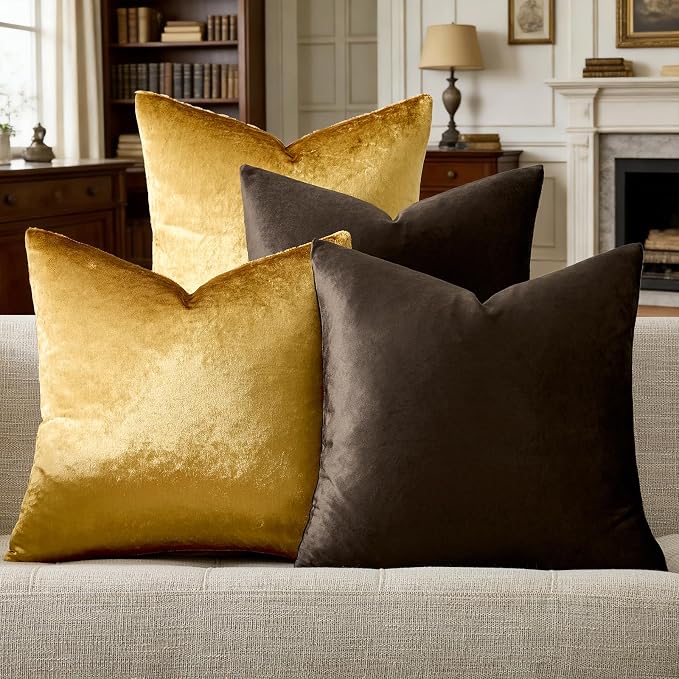 GIGIZAZA Pack of 4 Decorative Velvet Pillow Covers 16x16 Brown Gold | Throw Pillows for Couch Sofa,280gsm Soft Textured Fabric,Modern Accent Pillowcases,Luxury Living Room Cushion Covers