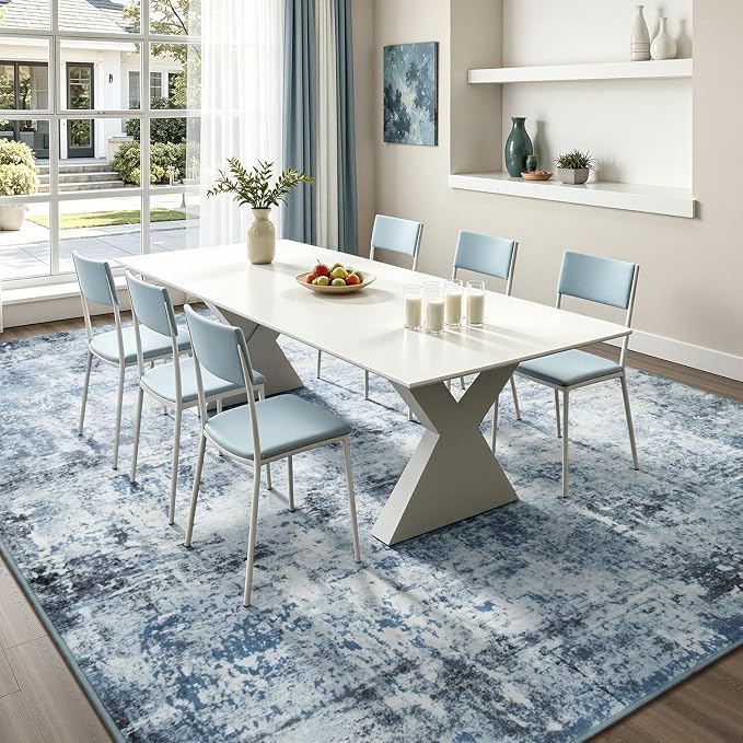 Rugflix 8x10 Area Rugs for Living Room, Washable Light Blue Grey Large Rug | Machine Washable; Stain-Resistant; Low Pile; Non-Slip; Modern Abstract; Black Carpet for Bedroom Dining Office Nursery Home