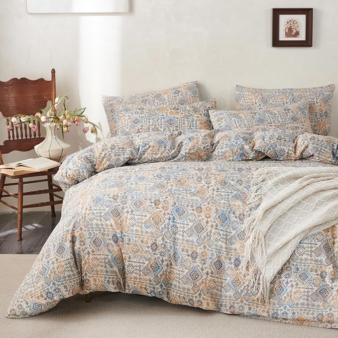 King Comforter Set Boho Soft 3 Pieces Chic Retro Boho Print Bohemian Comforter for All Seasons Luxury Warmth Comfy Breathable with 2 Pillowcases