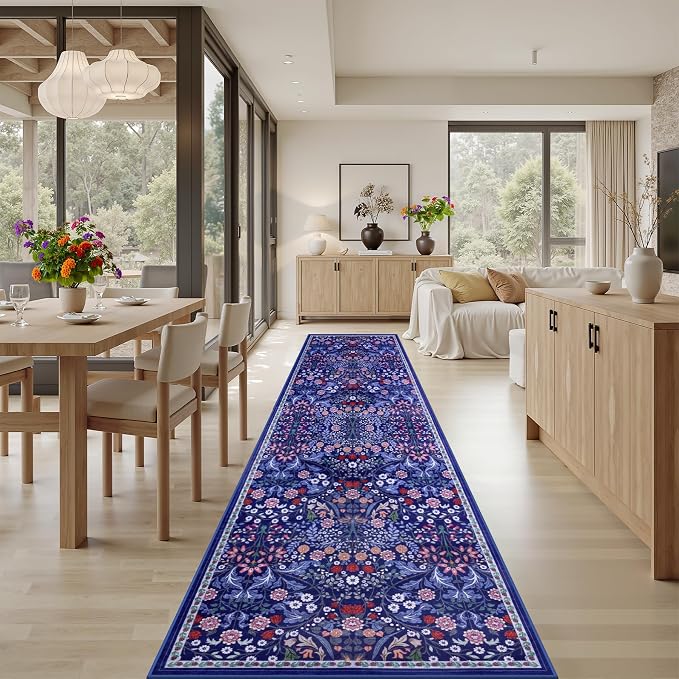 PLHXFR 2.6x14 Washable Runner Rug：Floral Indoor Kitchen Soft Carpet Blue | For Hallway Bedroom Kitchen Laundry Bathroom Dorm,Vintage Floral,Machine washable,Non Slip,Stain Resistant,Indoor Floor