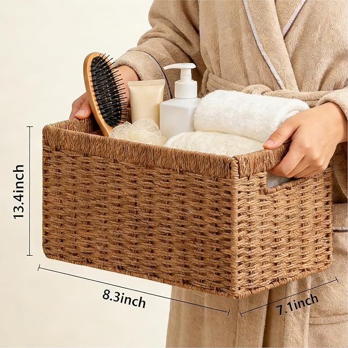 UBBCARE 2 Pack Wicker Basket, 13.4L×8.3H×7.1W inch Woven Paper Rope Storage Baskets for Shelves, Foldable Rectangular Storage Baskets with Handle, Storage Basket for Organizing, Caramel