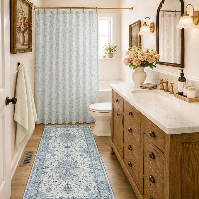 RELEANY Washable Area Rug, Runner 2'x6', Blue/White/Gray | Non-Slip, Water Repellent, Pet Friendly, Easy to Clean, Vintage Floral Boho Decor for Kitchen Entry Bedroom Bedside Laundry