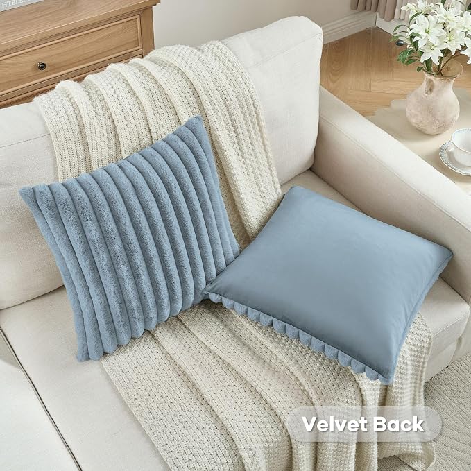 FUTEI Pack of 2 Faux Fur Throw Pillow Covers 22x22 Inch, Dusty Blue | Fluffy Faux Rabbit Fur Front/Premium Velvet Back,Hidden Zipper,Machine Washable,Non-Shedding,Colorfast,Insert Not Included.