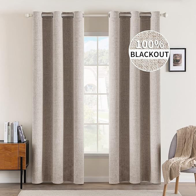 MIULEE 100% Blackout Linen Curtains for Bedroom 42x90 Inches Khaki | Room Darkening, Light Blocking, Thermal Insulated, Grommet Top, Linen Textured, Window Curtains for Living Room, 2 Panels