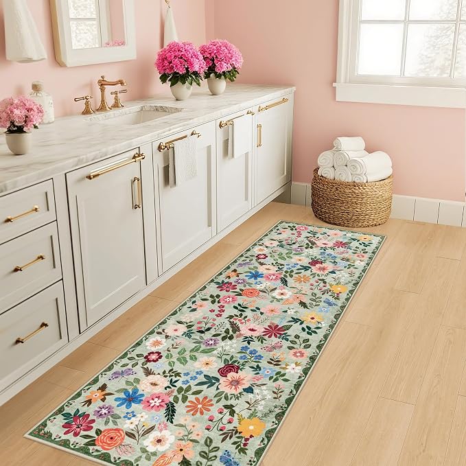 PLHXFR 2.6x8 Washable Runner Rug：Floral Indoor Kitchen Soft Carpet Green | For Hallway Bedroom Kitchen Laundry Bathroom Dorm,Vintage Floral,Machine washable,Non Slip,Stain Resistant,Indoor Floor