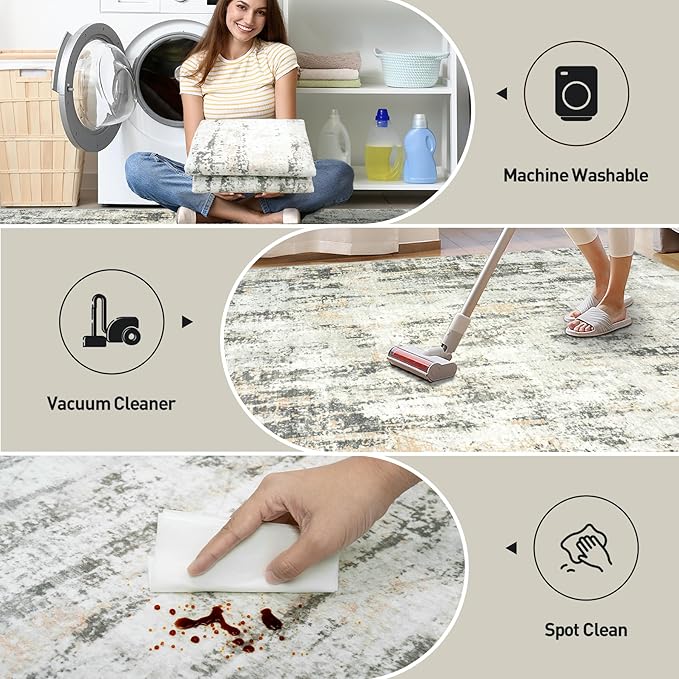 8x10 Area Rugs for Living Room: Washable Abstract Grey Brown Badroom Carpet | Non-slip TPE backing makes this washable soft low-pile rug safe & durable, Pet-friendly decor for dining room,nursery,office