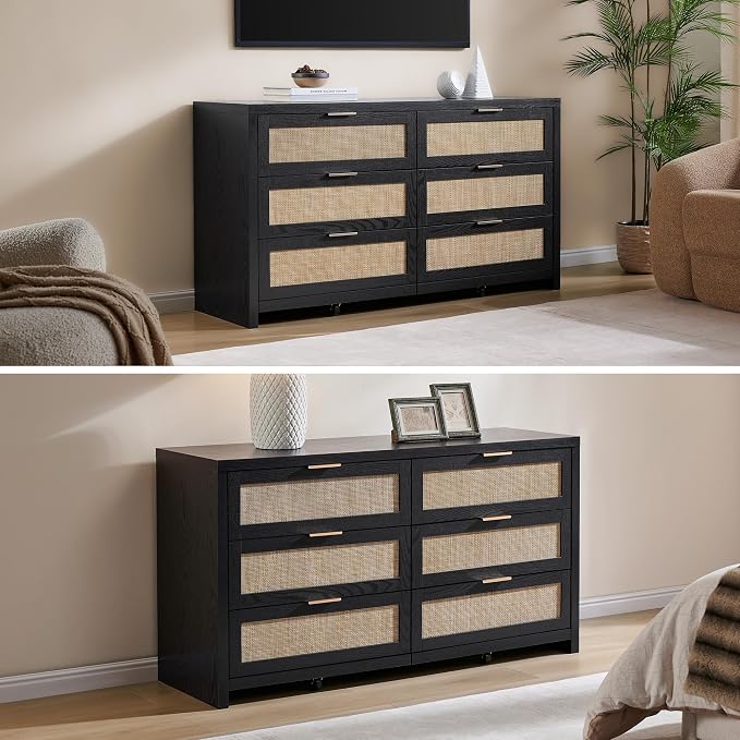 SICOATS Rattan Dressers for Bedroom Set 2, Large 6 Drawer Dresser | Long Chest of Drawers, Dresser Farmhouse TV Stand for Bedroom, Living Room, Nursery, Closet, Black Oak, 2 Pieces