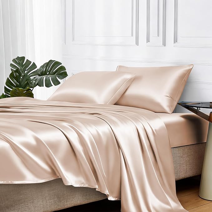 MR&HM Satin Sheets King Size with Elastic Corner Straps, Champagne | Similar to Silk, 4-Piece Silky Soft Bed Sheet Set, Gentle on Skin and Hair, 15" Deep Pocket, Cooling & Breathable
