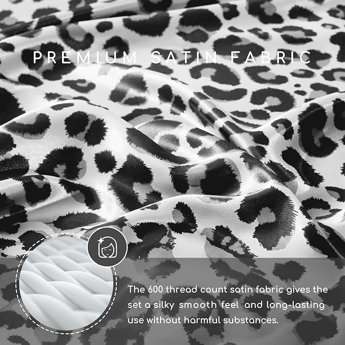 MR&HM Satin Sheets Queen Size with Elastic Corner Straps, White Leopard | Similar to Silk, 4-Piece Silky Soft Bed Sheet Set, Gentle on Skin and Hair, 15" Deep Pocket, Cooling & Breathable