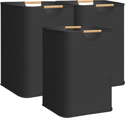 STORAGE MANIAC 3-Pack Large Laundry Hamper, 100L (26.4 Gal) Collapsible Laundry Basket with Bamboo Handles, Freestanding Waterproof Clothes Hamper for Laundry Room, Bedroom, Dorm, Towels, Black