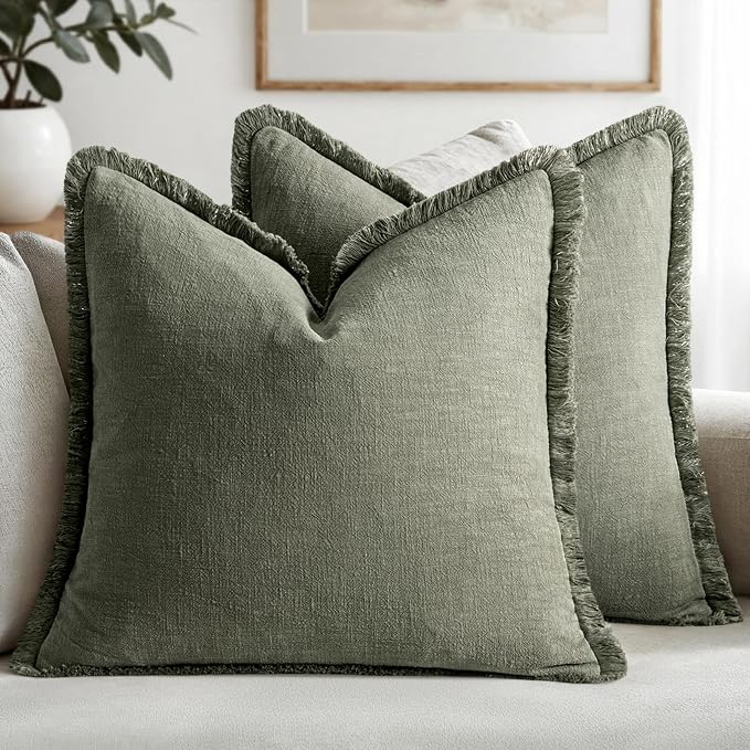 MIULEE Linen Fringe Decorative Throw Pillow Covers Light Olive Green 18x18 | Set of 2, Cottagecore Decor, Boho Farmhouse Neutral Pillow Covers, Rustic Couch Cushion Cases for Sofa Bed Living Room
