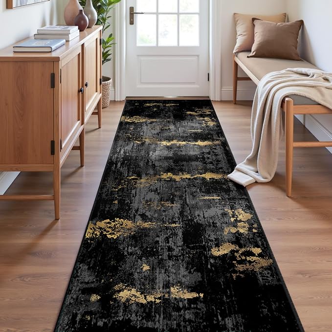 RELEANY Washable Runner 2'x8' Abstract Area Rug for Hallway Black Gold | Carpet for Kitchen, Entryway, Bathroom, Living Room, Bedroom, Printed Pattern, Non‑Slip, Soft, Stain‑Resistant, Easy to Clean