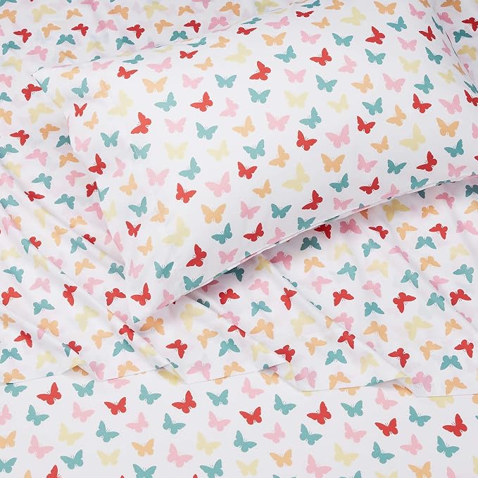 Amazon Basics Kid's Soft Easy-Wash Lightweight Microfiber 3-Piece Sheet Set, Toddler, Multi Colour, Butterflies