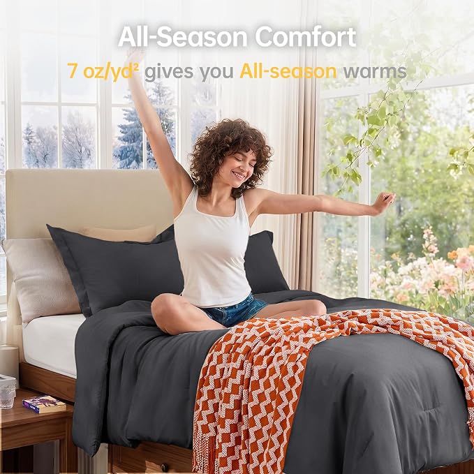 Twin/Twin XL Comforter Set, All Season Ultra Soft Down Alternative Bedding - 3 Piece Lightweight Bed Set Includes 1 Comforter (68"x88") and 1 Pillow Shams (20"x26"), Dark Grey